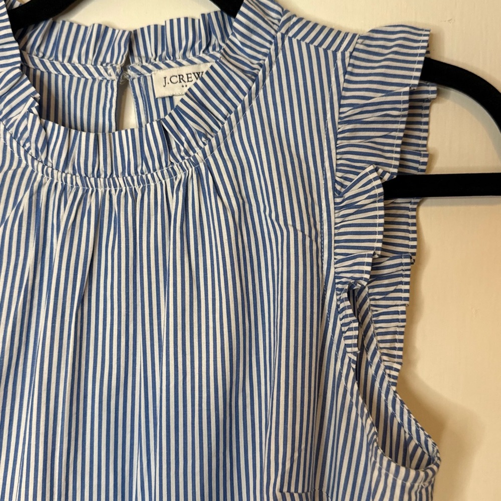 J. Crew Blue and White Striped Ruffle Sleeve Dress
